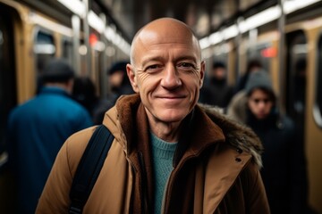 Fototapeta premium Portrait of a smiling mature man in the subway, looking at the camera.