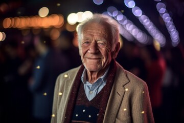 Medium shot portrait photography of a grinning man in his 80s that is wearing a chic cardigan against a hollywood red carpet premiere with stars and cameras background .  Generative AI