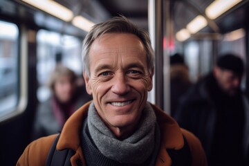 Obraz premium Portrait of smiling senior man in subway car. Mature man looking at camera.