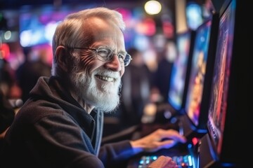 Portrait of senior man playing video games at night club. He is smiling and looking at camera.