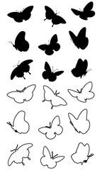 9 Silhouette black and 9 outline Flying butterflies cliparts, vector illustrations.