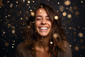 Portrait of a beautiful young woman laughing against black background with golden confetti