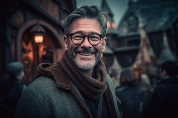 Fototapeta premium Portrait of a handsome middle-aged man with gray hair wearing glasses and a brown coat.