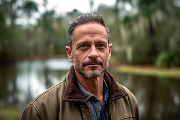 Fototapeta premium Close-up portrait photography of a satisfied man in his 40s that is wearing a chic cardigan against a swampy or bayou background . Generative AI