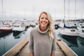 Medium shot portrait photography of a grinning woman in her 30s that is wearing a cozy sweater against a bustling marina with yachts and sailboats background .  Generative AI - obrazy, fototapety, plakaty