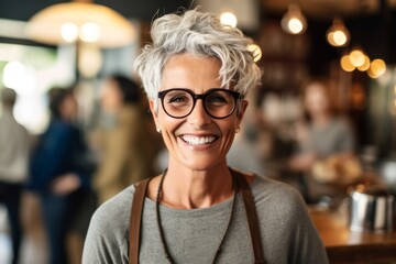 Fototapeta premium Portrait of smiling mature woman in eyeglasses at coffee shop