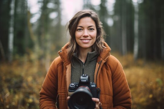 Female photographer with camera in autumn forest. Smiling woman with camera.