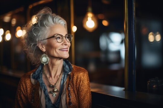 Close-up Portrait Photography Of A Satisfied Woman In Her 50s That Is Wearing A Chic Cardigan Against An Atmospheric Speakeasy Bar With Vintage Decor Background .  Generative AI