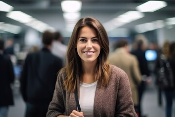 Portrait of a beautiful young woman smiling at the camera while standing in a subway station