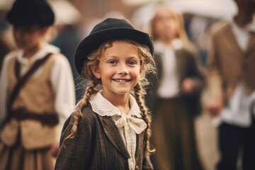 Cute little girl in a hat on the street. Selective focus.