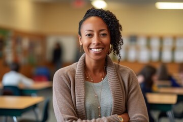 Portrait of smiling african american female college student in classroom