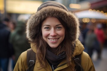 Portrait of a beautiful young woman in winter clothes on the street