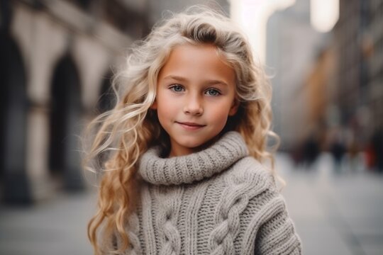 Medium shot portrait photography of a cheerful child female that is wearing a cozy sweater against an old building or architecture background .  Generative AI