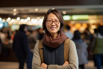 Portrait of a smiling asian woman with arms crossed in shopping mall