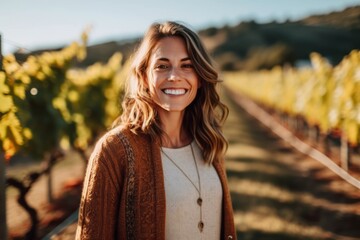 Portrait of a beautiful smiling woman standing in vineyard and looking at camera