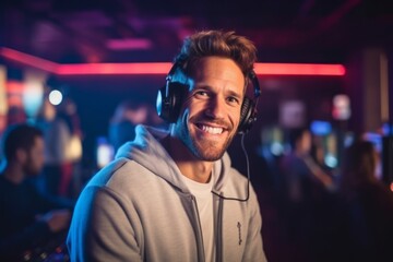 Portrait of smiling young man playing video game in nightclub at night