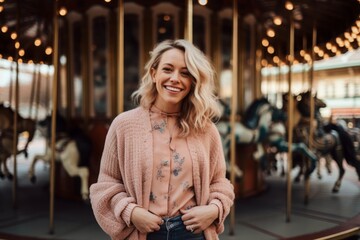 Fototapeta premium Medium shot portrait photography of a pleased woman in her 30s that is wearing a chic cardigan against an old-fashioned carousel in motion at a city square background . Generative AI