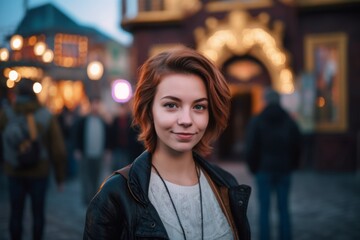 Portrait of a beautiful young woman on the background of the Christmas market