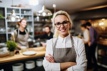 Portrait of a smiling female chef standing with arms crossed in a cafe