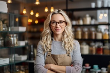 portrait of smiling female barista in apron standing with crossed arms at coffee shop