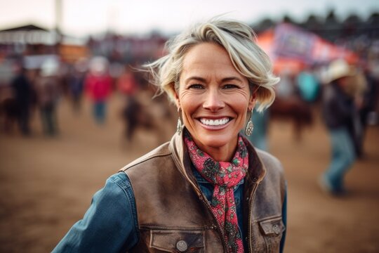 Medium shot portrait photography of a grinning woman in her 40s that is wearing a chic cardigan against a lively rodeo event with barrel racing and bull riding background .  Generative AI