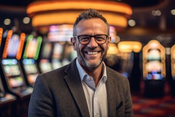 Portrait of a smiling mature man with eyeglasses in casino