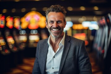 Obraz premium Medium shot portrait photography of a cheerful man in his 40s that is wearing a chic cardigan against a casino or gaming floor background . Generative AI