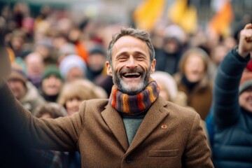 Fototapeta premium Portrait of happy man taking selfie with crowd of people