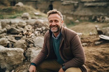 Medium shot portrait photography of a cheerful man in his 40s that is wearing a chic cardigan against an archaeological dig site with artifacts being discovered background .  Generative AI