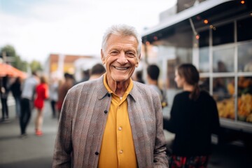Medium shot portrait photography of a cheerful man in his 60s that is wearing a chic cardigan against a food truck-lined street fair background .  Generative AI