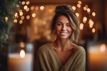 Portrait of a young woman in a cozy cafe. A girl in a green sweater smiles and looks at the camera.