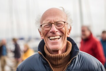 Medium shot portrait photography of a cheerful man in his 60s that is wearing a chic cardigan against a dramatic sailboat race on a windy day background .  Generative AI