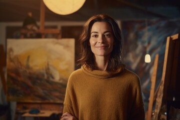 Fototapeta premium Medium shot portrait photography of a grinning woman in her 40s that is wearing a cozy sweater against a quiet painting studio with artists creating masterpieces background . Generative AI
