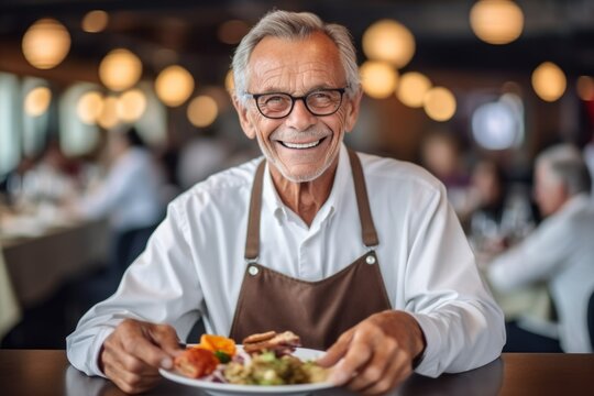 Medium shot portrait photography of a cheerful man in his 60s that is wearing a chic cardigan against a beautifully plated gourmet meal being served background .  Generative AI