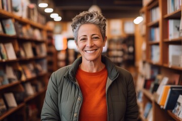 Portrait of smiling mature woman standing in library at university. She is looking at camera and smiling