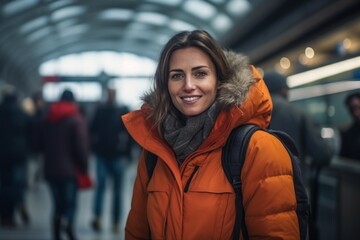 Young beautiful woman in winter jacket with backpack standing in underground subway.