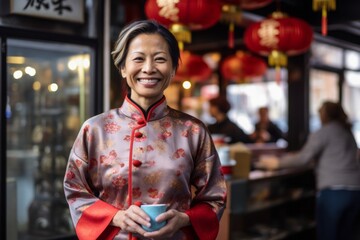 Obraz na płótnie Canvas Medium shot portrait photography of a grinning woman in her 40s that is wearing a snuggly pajama set against a bustling traditional tea house with servers and patrons background . Generative AI