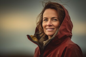 Portrait of a beautiful woman in a red raincoat on the beach