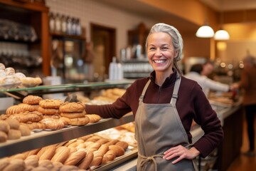 Portrait of happy mature female staff standing with hands on hips in bakery
