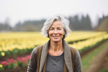 Medium shot portrait photography of a grinning woman in her 50s that is wearing a chic cardigan against a flower field or tulip field background . Generative AI