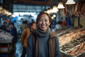 Portrait of smiling mature Asian woman standing at fish market in Bangkok, Thailand