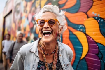Medium shot portrait photography of a cheerful woman in her 50s that is wearing a chic cardigan against an urban street art mural with a crowd gathered background .  Generative AI