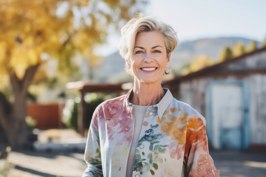 Medium shot portrait photography of a cheerful woman in her 50s that is wearing a chic cardigan against a scenic watercolor painting workshop in the outdoors background .  Generative AI