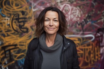 Portrait of a beautiful mature woman smiling at the camera against graffiti wall