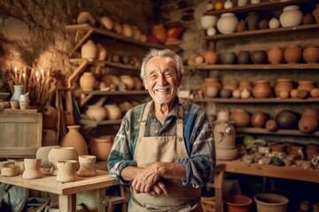 Fototapeta na wymiar Portrait of a smiling senior potter standing in his pottery workshop