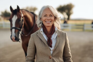 Obraz premium Portrait of a smiling mature woman standing with her horse on a ranch