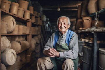 Fototapeta na wymiar Medium shot portrait photography of a grinning 100-year-old elderly man that is wearing a chic cardigan against a traditional pottery studio with craftspeople at work background . Generative AI