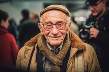 Old man with a camera in his hand. Portrait of an elderly man.