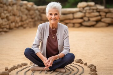 Portrait of smiling senior woman sitting on zen stones in park