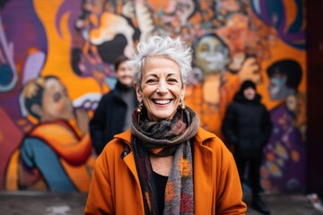 Medium shot portrait photography of a grinning woman in her 50s that is wearing a cozy sweater against an urban street art mural with a crowd gathered background .  Generative AI